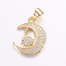 Honeyhandy Brass Micro Pave Cubic Zirconia Pendants, Long-Lasting Plated, Real 18K Gold Plated, Moon, 18x14x2.5mm, Hole: 3.5x4mm