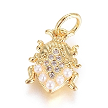 Honeyhandy Brass Micro Pave Cubic Zirconia Pendants, Long-Lasting Plated, with Natural Shell Pearl and Jump Ring, Insect, Clear, Real 18K Gold Plated, 12x8.5x2.5mm, Hole: 3.5mm