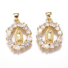 Honeyhandy Brass Micro Pave Cubic Zirconia Pendants, Long-Lasting Plated, Oval with Virgin Mary, Clear, Golden, 24.5x18x3mm, Hole: 5x4mm