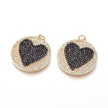 Honeyhandy Brass Micro Pave Cubic Zirconia Pendants, with Jump Rings, Flat Round with Heart, Black & Clear, Golden, 27x25x2.5mm, Hole: 3mm