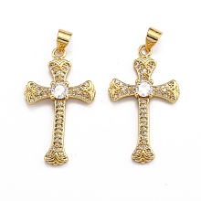 Honeyhandy Brass Micro Pave Clear Cubic Zirconia Pendants, Long-Lasting Plated, Cross, Real 18K Gold Plated, 31x18x4mm, Hole: 3.5x4mm