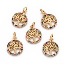 Honeyhandy Brass Micro Pave Cubic Zirconia Charms, with Jump Rings, Flat Round with Tree of Life, Colorful, Golden, 14.5x12x1.5mm, Hole: 2.5mm