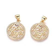 Honeyhandy Golden Plated Brass Pendants, with Cubic Zirconia, Flat Round with Word Love Mom, for Mother's Day, Clear, 19x16x2mm, Hole: 3.5x4mm