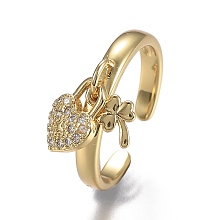 Honeyhandy Adjustable Brass Micro Pave Clear Cubic Zirconia Cuff Rings, Open Rings, Long-Lasting Plated, Clover & Heart Lock, Real 18K Gold Plated, 3mm, Inner Diameter: 17.8mm