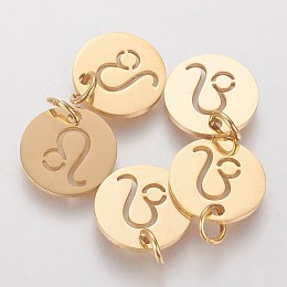 Honeyhandy 304 Stainless Steel Pendants, with Jump Ring, Laser Cut, Flat Round with Constellation/Zodiac Sign, Golden, Leo, 12x1mm, Hole: 3mm