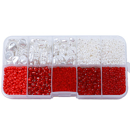 DIY 10 Style ABS & Acrylic Beads Jewelry Making Finding Kit, Heart & Barrel & Round & Flat Round & Imitation Pearl, Red, 7~18.5x7.5x2~10.5x1.5~5mm, Hole: 0.7~1.2mm