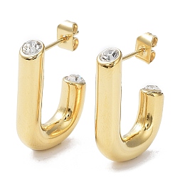 Honeyhandy Ion Plating(IP)  304 Stainless Steel Half Hoop Stud Earrings, with Rhinestone, Manual Polished, J Hook Ear Studs, Golden, 23x16.5x4.5mm