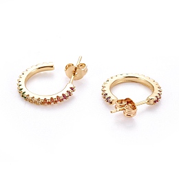 Honeyhandy Brass Micro Pave Cubic Zirconia Stud Earrings, Half Hoop Earrings, with Brass Ear Nuts, Ring, Colorful, Real 18K Gold Plated, 15x2mm, Pin: 0.7mm