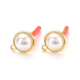 Honeyhandy Alloy Stud Earring Findings, with 925 Sterling Silver Pin and ABS Plastic Imitation Pearl, with Loop, Half Round, Golden, 12.5x10.5mm, Hole: 1mm, Pin: 0.7mm