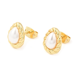 Honeyhandy Brass Teardrop Stud Earrings with Plastic Pearl Beaded, Long-Lasting Plated, Lead Free & Cadmium Free, Real 18K Gold Plated, 12x9.5mm