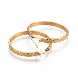 Honeyhandy Ion Plating(IP) 304 Stainless Steel Hoop Earrings, Textured, Golden, 41.5~42x40~41x4mm, Pin: 1.2x0.7mm