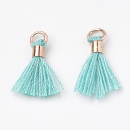 Honeyhandy Polycotton(Polyester Cotton) Tassel Pendant Decorations, Mini Tassel, with Brass Findings, Light Gold, Turquoise, 10~15x3~4mm, Hole: 2mm