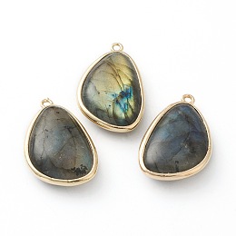 Honeyhandy Natural Labradorite Pendants, with Golden Brass Edge, Teardrop, 28x17.5x7mm, Hole: 1.6mm