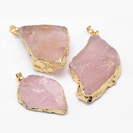 Honeyhandy Natural Madagascar Rose Quartz Crystal Pendants, Nuggets, with Brass Finding, Golden, 45~63x26~33x9~10mm, Hole: 5x8mm