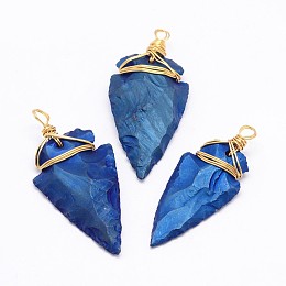 Honeyhandy Electroplated Quartz Crystal Pendants, with Brass Finding, Golden, Arrowhead, Blue Plated, 48~53x20~26x6~9mm, Hole: 4mm