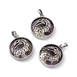 Honeyhandy Natural Amethyst Pendants, Flat Round Charms with Rack Plating Antique Silver Tone Brass Dragon, Cadmium Free & Lead Free, 32x28x7.5mm, Hole: 8.5x5mm