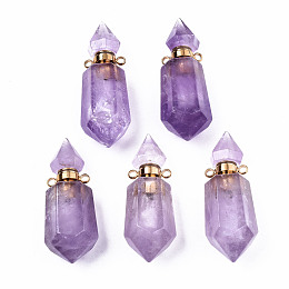 Honeyhandy Faceted Natural Amethyst Pendants, Openable Perfume Bottle, with Golden Tone Brass Findings, Hexagon, 40~41.5x15x13.5mm, Hole: 1.8mm, Bottle Capacity: 1ml(0.034 fl. oz)