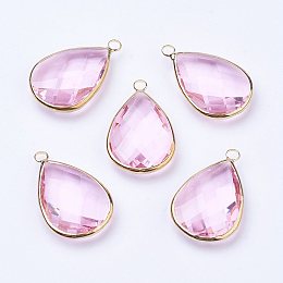 Honeyhandy Golden Tone Brass Glass Teardrop Pendants, Faceted, Pearl Pink, 18x10x5mm, Hole: 2mm