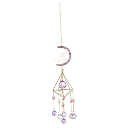 Honeyhandy Moon & Fairy Iron AB Color Chandelier Decor Hanging Prism Ornaments, with Faceted Glass Prism & Amethyst, for Home Window Lighting Decoration, Golden, 480mm