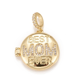 Honeyhandy Brass Micro Pave Cubic Zirconia Locket Pendants, Photo Frame Charms for Necklaces, Real 18K Gold Plated, Lead Free & Cadmium Free, Flat Round with Word Best Mom Ever, Clear, 22x22.5x5.5mm, Hole: 5x3.5mm, Inner Diameter: 15mm