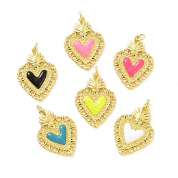 Honeyhandy Rack Plating Brass Enamel Pendants, with Jump Ring, Long-Lasting Plated, Real 18K Gold Plated, Cadmium Free & Lead Free, Sacred Heart Charm, Mixed Color, 28x20x3mm, Jump Ring: 5x0.8mm, Inner Diameter: 3mm