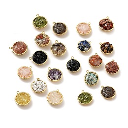 Natural & Synthetic Gemstone Chip Pendants, with Rack Plating Real 18K Gold Plated Brass Findings, Round, Cadmium Free & Nickel Free & Lead Free, Mixed Dyed and Undyed, 24x20x10~13mm, Hole: 1.8mm