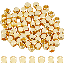 CREATCABIN Brass Beads, Cube, Real 18K Gold Plated, 4x4x4mm, Hole: 2.6mm, 100pcs/box