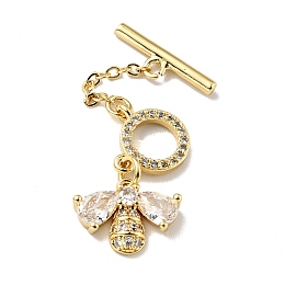 Honeyhandy Rack Plating Brass Micro Pave Clear Cubic Zirconia Toggle Clasps, Cadmium Free & Lead Free, Long-Lasting Plated, Bee, Golden, 42mm, Bar:16x5mm, Bee: 10.5x14mm, Ring: 9x9mm