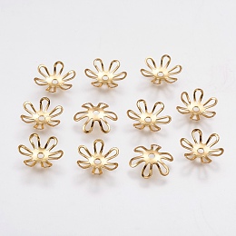 Honeyhandy 6-Petal Brass Bead Caps, Long-Lasting Plated, Flower, Real 18K Gold Plated, 10x2mm, Hole: 1mm