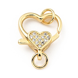 Honeyhandy Brass Micro Pave Clear Cubic Zirconia Heart Lobster Claw Clasps, with Double Jump Rings, Cadmium Free & Lead Free, Real 18K Gold Plated, 21mm, Hole: 3.5mm