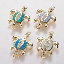 Honeyhandy Brass Links connectors, with Synthetic Opal and Cubic Zirconia, Sea Turtle, Golden, Mixed Color, 19.5x13.5x2.5mm, Hole: 1mm