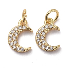 Honeyhandy Brass Micro Pave Clear Cubic Zirconia Charms, with Jump Rings, Moon, Golden, 11x7.5x2mm, Hole: 3mm