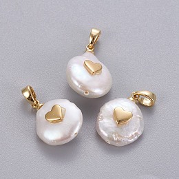 Honeyhandy Natural Cultured Freshwater Pearl Pendants, with Brass Findings, Nuggets with Heart, Long-Lasting Plated, Golden, 17~27x12~16x6~12mm, Hole: 4x2.5mm