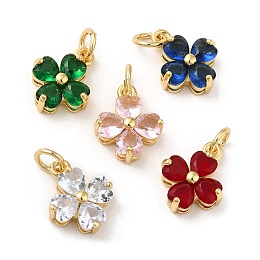 Honeyhandy Brass Pendants, with Cubic Zirconia, Lead Free & Cadmium Free, Clover Charms, Real 18K Gold Plated, Mixed Color, 13x10x5mm, Hole: 3.4mm