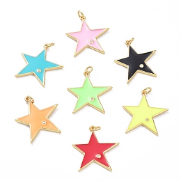 Honeyhandy Brass Micro Pave Cubic Zirconia Pendants, Real 18K Gold Plated, Long-Lasting Plated, with Enamel, Star, Mixed Color, 24x23x2mm, Hole: 3.4mm