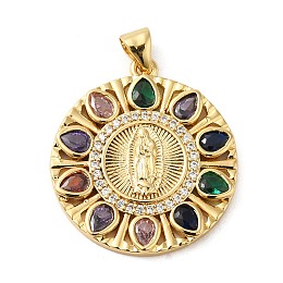 Honeyhandy Rack Plating Brass Micro Pave Cubic Zirconia Pendants, Cadmium Free & Lead Free, Real 18K Gold Plated, Long-Lasting Plated, Flat Round with Saint, Colorful, 26x23.5x3mm, Hole: 3.5x5mm