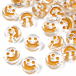 Honeyhandy Transparent Acrylic Beads, Horizontal Hole, with Glitter Powder & Enamel, Flat Round with Smile Face, Gold, 10x5mm, Hole: 2mm, about 1600pcs/500g