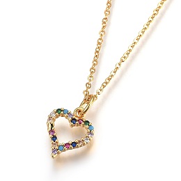 Honeyhandy 304 Stainless Steel Pendant Necklaces, with Cubic Zirconia, Heart, Colorful, Golden, 17.8 inch(45.5cm), Pendant: 12x10x2mm