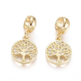 Honeyhandy Brass Micro Pave Clear Cubic Zirconia European Dangle Charms, Large Hole Pendants, Flat Round with Tree of Life, Golden, 23mm, Hole: 5mm, Flat Round: 14x12x2mm