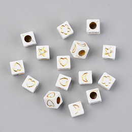 Honeyhandy Vacuum Plating Acrylic Beads, Opaque, Cube with Mixed Shaped, White, Golden Plated, 6x6x6mm, Hole: 3mm, 2900pcs/500g