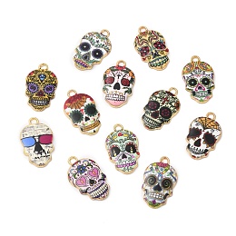 Eco-friendly Alloy Enamel Pendants, Sugar Skull Charm, for Mexico Holiday Day of The Dead, Mixed Color, 22x13x2mm, Hole: 2mm