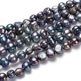 Honeyhandy Natural Cultured Freshwater Pearl Beads Strands, Potato, Dyed, Prussian Blue, 5~7x6~8mm, Hole: 0.6mm, about 58pcs/strand, 13.78 inch(35cm)