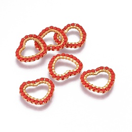 Arricraft Handmade Japanese Seed Beads, with 304 Stainless Steel Link Rings, Loom Pattern, Heart, Golden, Red, 13.5~14x15x1.8~2mm