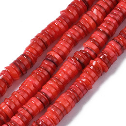 Arricraft Natural Freshwater Shell Beads Strands, Dyed, Flat Round/Disc, Heishi Beads, Orange Red, 5~6x1~2mm, Hole: 1mm, about 205~215pcs/strand, 15.35 inch(39cm)