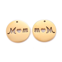 Honeyhandy Mother's Day Ion Plating(IP) 304 Stainless Steel Pendants, Flat Round with Hollow Word Mom, Golden, 20x1.3mm, Hole: 2mm