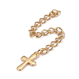 Honeyhandy 304 Stainless Steel Chain Extender, Curb Chain, with 202 Stainless Steel Charms, Cross, Golden, 63~68mm, Link: 3.7x3x0.5mm, Cross: 11.8x7x0.6mm