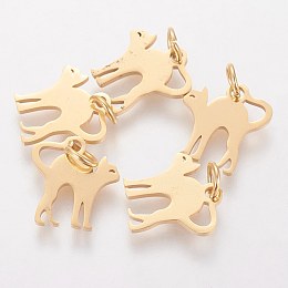 Honeyhandy 201 Stainless Steel Kitten Pendants, Stretch Cat Shape, Golden, 12x12x1mm, Hole: 3mm