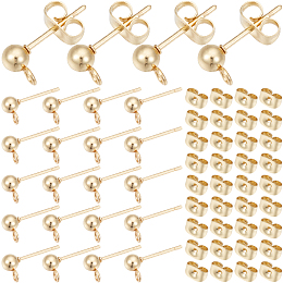 SOFPLATE 100Pcs 304 Stainless Steel Ball Stud Earring Findings, with Loop and 100Pcs Ear Nuts, Golden, 15x7x4mm, Hole: 1.7mm, Pin: 0.8mm