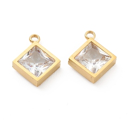 Honeyhandy 304 Stainless Steel Rhinestone Pendant, Rhombus, Crystal, Golden, 15x12x4mm, Hole: 1.8mm