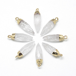 Honeyhandy Natural Quartz Crystal Pointed Pendants, with Brass Findings, Faceted, Bullet, Golden, 25~27x8mm, Hole: 2mm